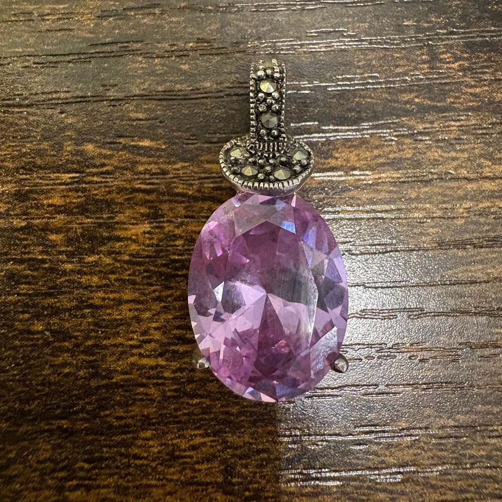 Vintage 925 Sterling Silver Amethyst Marcasite Oval Pendant DBJ
